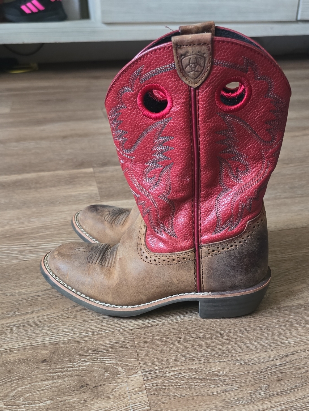 Ariat Kids Two-Tone Pull-On Western Boots in Red and Brown